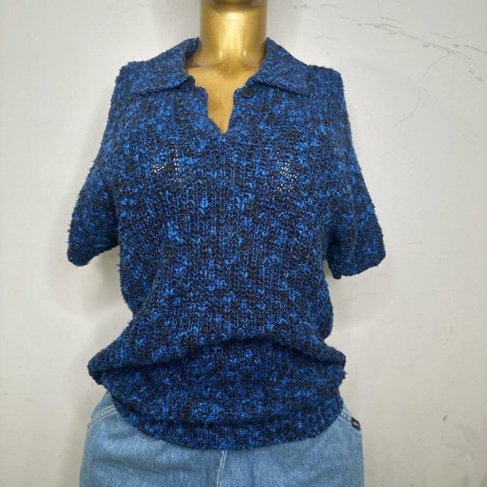Coastal Grandmother Vintage Cotton blue black short sleeve summer sweater MEDIUM - Picture 1 of 8